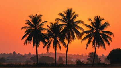 Silhouette of palm trees against a vibrant orange sunset sky, with a distant village and hazy landscape, creating a serene, tropical, and picturesque scene for travel, nature, and summer themes.