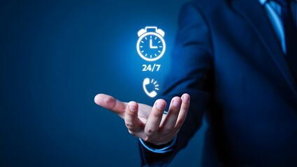 Call center support holding 24-7 icon for worldwide nonstop and full-time available contact of service concept. Assistance customer services, delivery. Technician ready for service 24 hours