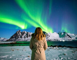 Woman gazing at vibrant Northern Lights