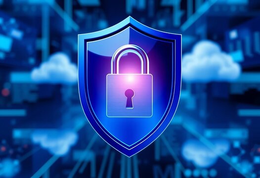Blue shield with large padlock and abstract cloud; security, privacy, data protection,   web security,  storage