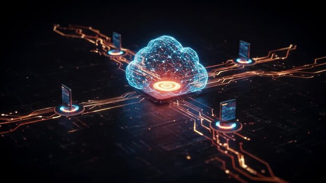 Glowing blue cloud computing network concept with four devices connected via orange circuit board pathways on a dark background