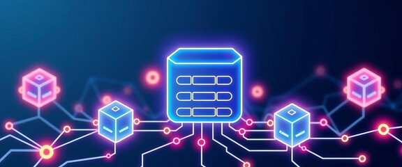 Abstract thin line icon depicting interconnected data blocks representing blockchain storage,  internet,  storage