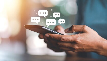 Person using a smartphone, with speech bubbles floating above it, suggesting communication or messaging