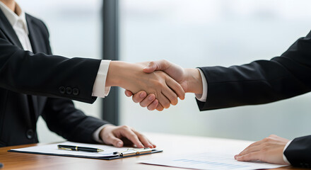 Close-up of two people in business attire shaking hands over a table with a clipboard, symbolizing agreement or partnership.