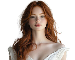 Fototapeta premium Portrait of a beautiful woman with long red hair and freckled skin
