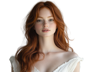 Portrait of a beautiful woman with long red hair and freckled skin