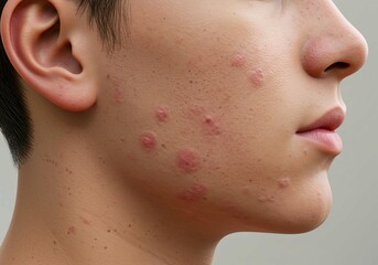 close up of a young man with a skin of a face, Close-up of young person cheek displaying acne, inflammation, redness. Shows skin blemishes, pores, scarring. Focus on facial dermatology, skin health, a