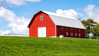 Red barn on a grassy hill under a partly cloudy sky