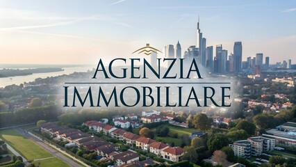 Neon text Agenzia Immobiliare across building background makes this image perfect for realty promotions logo-style format ideal for banner ads housing campaigns or home investment agency branding need