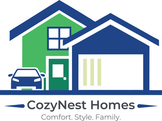 Modern green and blue house with attached garage and car