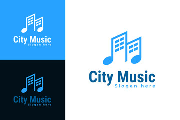 City building with music note logo design template vector illustration idea