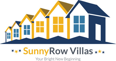 Row of colorful modern houses with sunny row villas logo