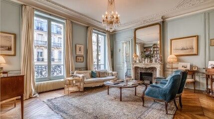 Elegant French-style living room with vintage chandelier, pastel walls, and antique armchairs