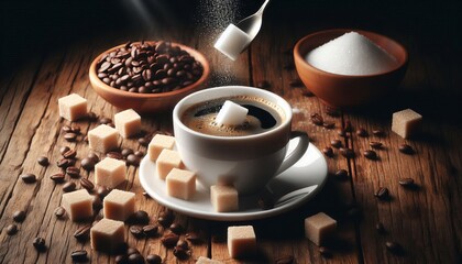 A sugar cube falls into a hot coffee cup on an old vintage wooden table.