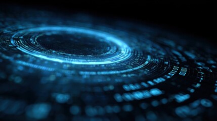 Digital vortex of glowing rings and abstract patterns, close up on a dark surface