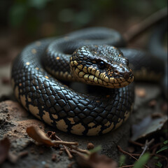 Fototapeta premium Snake Coiled on Stone Showing Detailed Scales in Natural Habitat