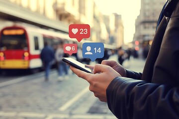 Person holding smartphone with social media notifications likes comments