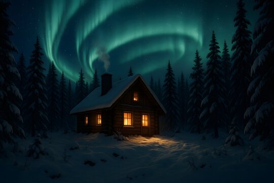 Snowy Cabin Under Northern Lights at Night