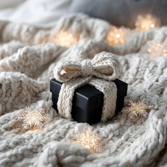 Cozy winter gift idea black present with knitted bow and snowflakes