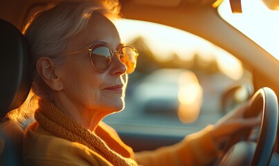 Senior woman enjoying a solo car ride, demonstrating safe driving for elderly adults and the importance of road safety for older drivers, Generative AI