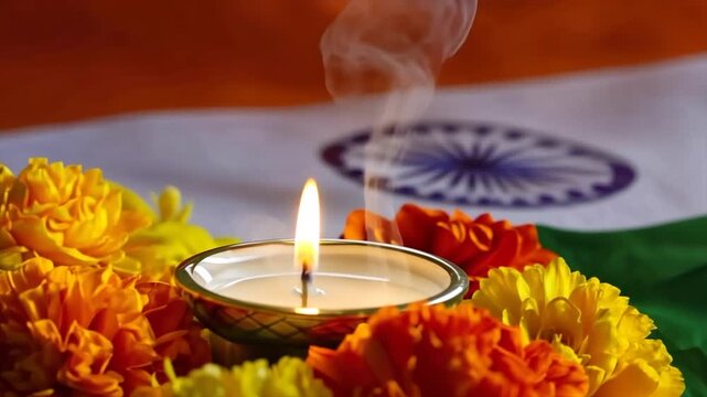 Indian flag with an oil lamp and flowers on it
