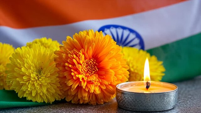 Indian flag with an oil lamp and flowers on it