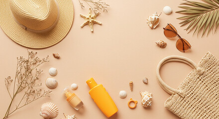 Summer beach essentials laid out flat