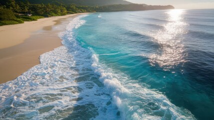 Picturesque tropical beach, shimmering turquoise waves meet pristine sand