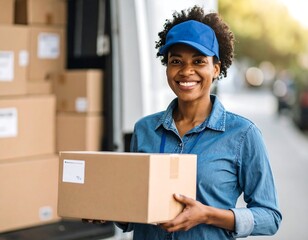 Woman holding a package by delivery truck