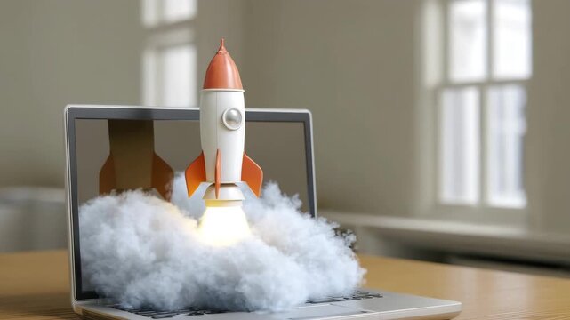 A rocket taking off from the laptop screen, smoke coming out of it