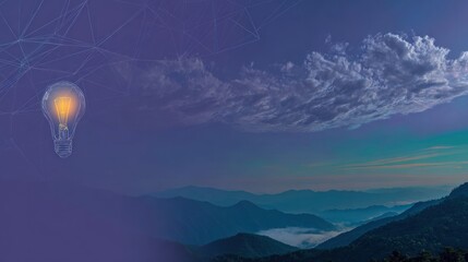 Fototapeta premium An illuminated light bulb, mountains, a network, and a cloudy sky