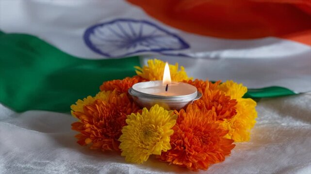 Indian flag with an oil lamp and flowers on it