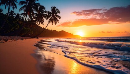 Tropical sunset beach scene. Palm trees silhouette against vibrant sunset over ocean waves.  Golden light on sandy shore