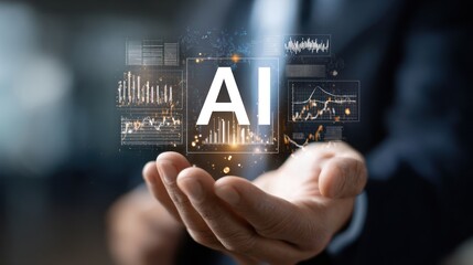 A hand holds a glowing "AI" symbol, surrounded by abstract data visualizations, symbolizing innovation