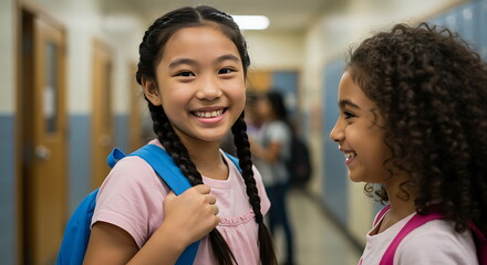 Diverse elementary school girls smiling in hallway at school