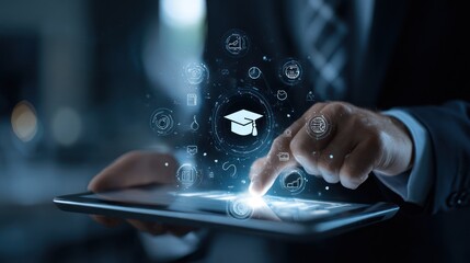 Business person interacting with a digital tablet interface displaying education icons