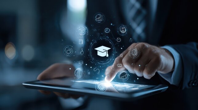 Business person interacting with a digital tablet interface displaying education icons - Powered by Adobe