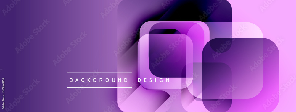 Poster abstract purple background. overlapping squares create modern design. text reads background design. 