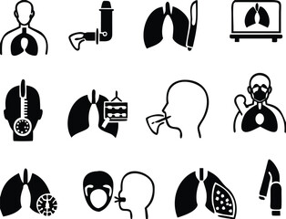 Black Lung Disease Icon Set. Vector Illustrations Lung, Lung Biopsy, Inhaler, Lung Screening, Oxygen Mask, Nebulizer, Bronchial Asthma, Spirometry, COPD, Pneumonia, Bronchoscopy, and Cough