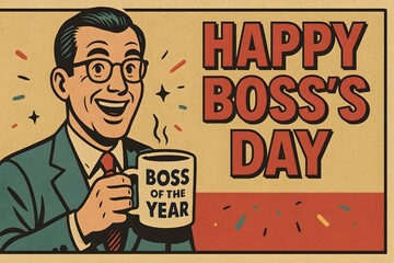 Celebration of Boss Day with Happy Boss Day Sign and Man Holding Mug