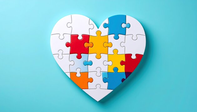 Colorful Puzzle Pieces Forming a Heart on Blue Background Love Unity Concept. - Powered by Adobe