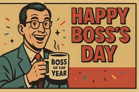 Celebration of Boss Day with Happy Boss Day Sign and Man Holding Mug - Powered by Adobe