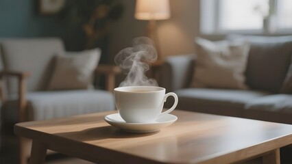 Obraz premium Steaming Cup of Coffee on a Wooden Table in a Cozy Living Room