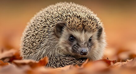 Fototapeta premium A hedgehog sits amongst fallen autumn leaves, looking directly at the camera.