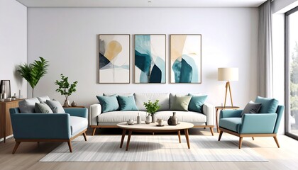 Modern living room with teal accents, featuring a light-colored sofa and armchairs, a coffee table, and abstract art