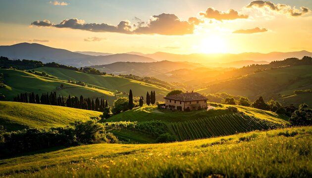 Tuscan countryside at sunset, rolling hills, vineyard, farmhouse