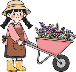 Cartoon gardener pushing pink wheelbarrow filled with colorful flowers, wearing straw hat, apron, rain boots, and braided hairstyle