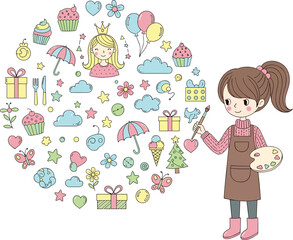 Cartoon girl painting with brush and palette, surrounded by colorful doodles of cupcakes, stars, balloons, princess, and Christmas tree