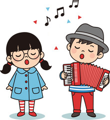 Cartoon kids playing music with accordion and singing, joyful musical performance with colorful notes and festive decorations, vector illustration