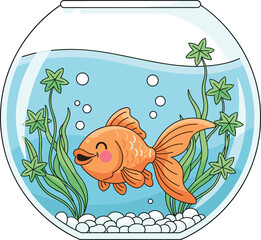 Cartoon goldfish swimming in fishbowl with green plants and white pebbles, smiling expression and bubbles, vector underwater pet scene